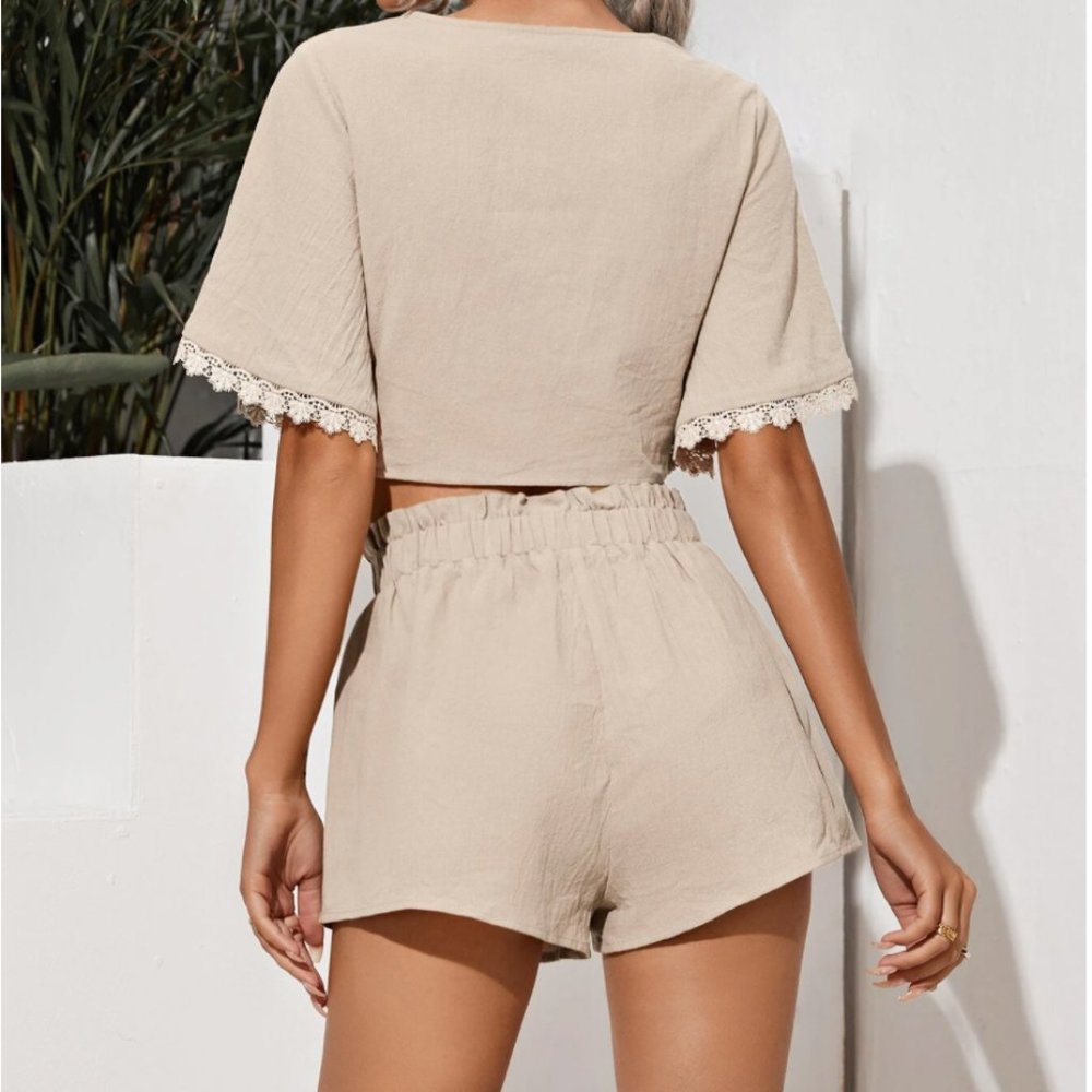 Tie Front Guipure Lace Trim Top & Shorts Set - Picture 2 of 2